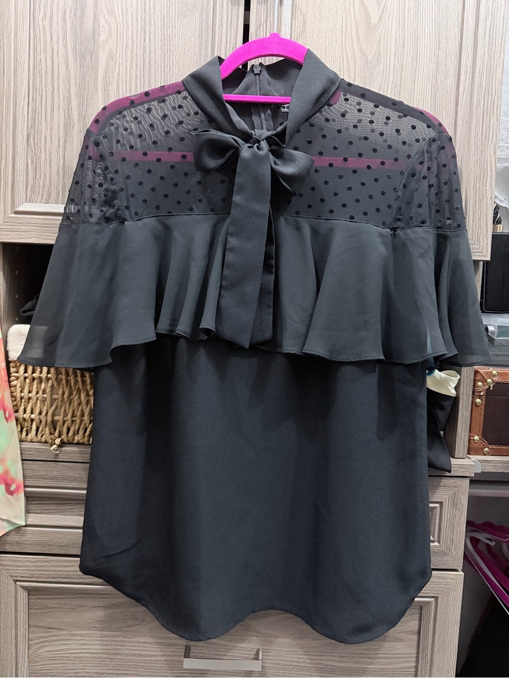 New York & Company Black Sheer Polka Dot Tie-Neck Ruffle Blouse